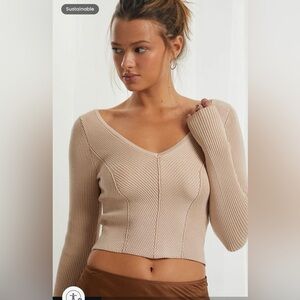 V-Neck Ribbed Cropped Tan Sweater